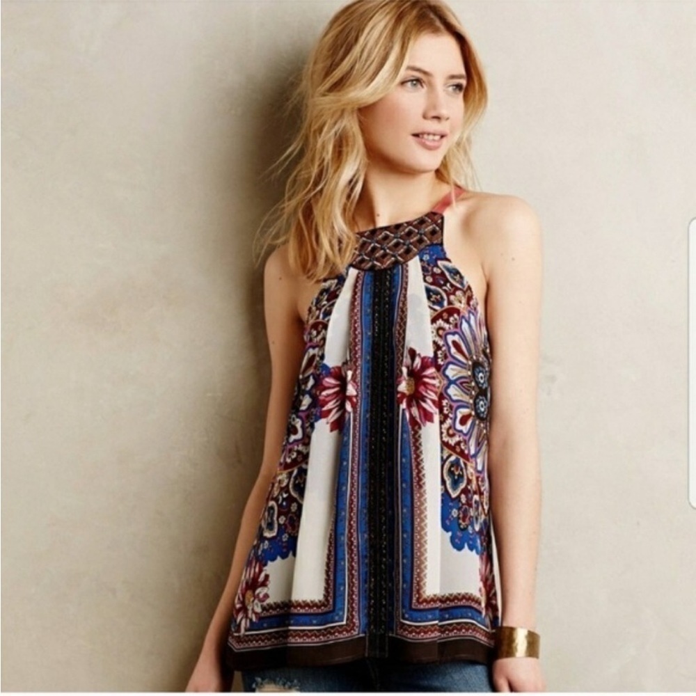 Anthropologie | One September Boho Beaded Tie Back Flowy Tank Size Small